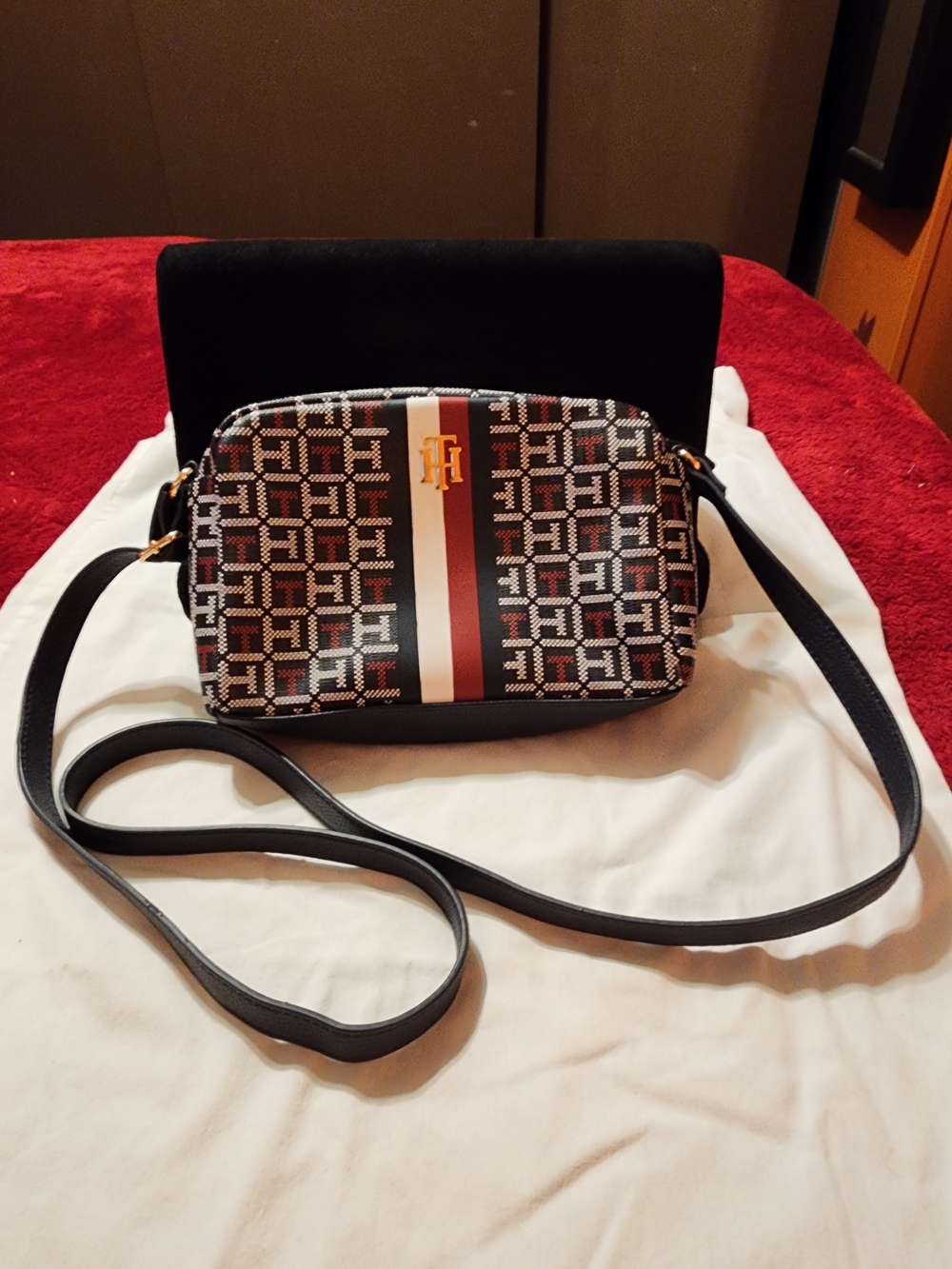Tommy Hilfiger Black, White and Red Signature Stripe Crossbody
